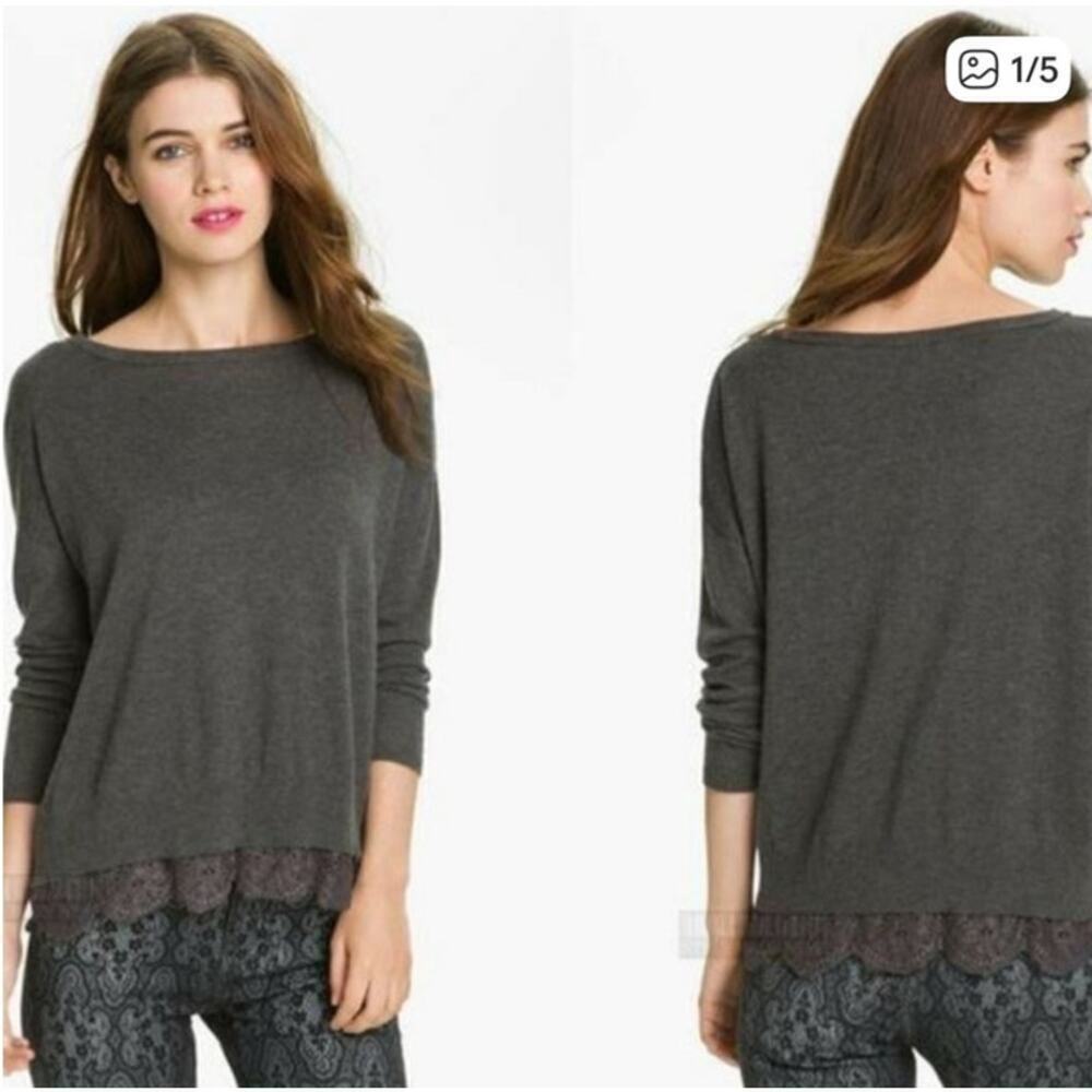 Joie Hilano Scalloped Laced Cashmere&Wool Dark Heather Gray Pullover Sweater, XS